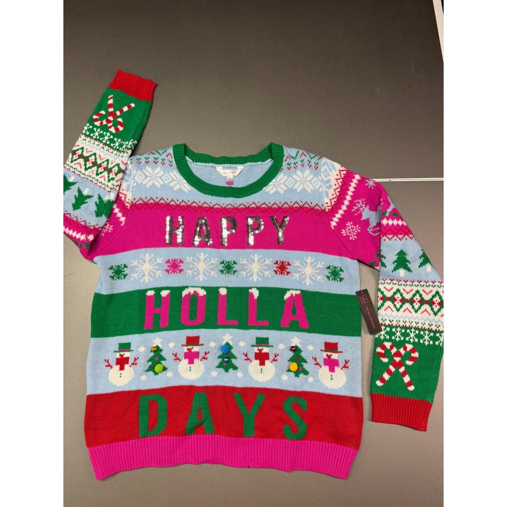 No Boundaries Happy Holla Days Ugly Christmas Sweater Sequin Pom Poms XXXL 3XG